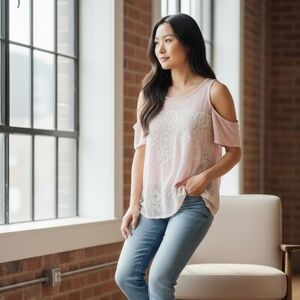 Iz Byer Light Pink Lace Cold Shoulder Blouse